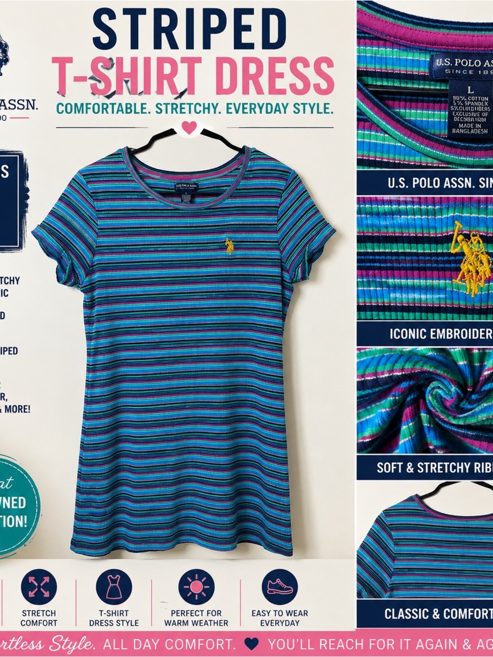 U.S. Polo Assn. Blue, Teal & Purple Striped T-Shirt Dress